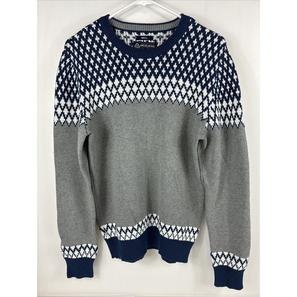American Rag Fair Isle Sweater Mens Small‎ Grey Navy Blue Excellent Cotton Knit